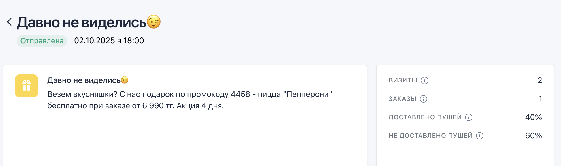 Карточка пуша «Давно не виделись»: подарок по промокоду — пицца «Пепперони» бесплатно при заказе от 6 990 тг, визиты 2, заказы 1, доставлено пушей 40%