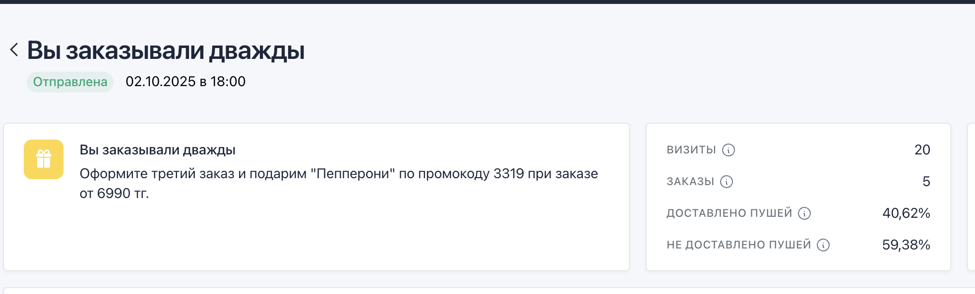 Карточка пуша «Вы заказывали дважды»: подарок за третий заказ — пицца «Пепперони» по промокоду при заказе от 6990 тг, визиты 20, заказы 5, доставлено пушей 40,62%