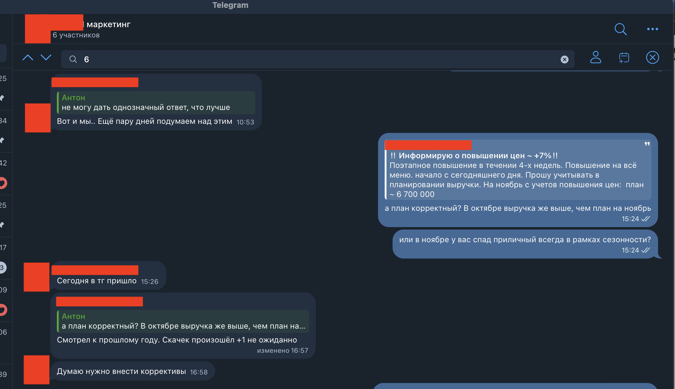 Переписка с клиентом в Telegram: клиент сообщает о повышении цен и плане на ноябрь ~6 700 000 ₽, обсуждение с Антоном, что план ниже уже полученной выручки октября