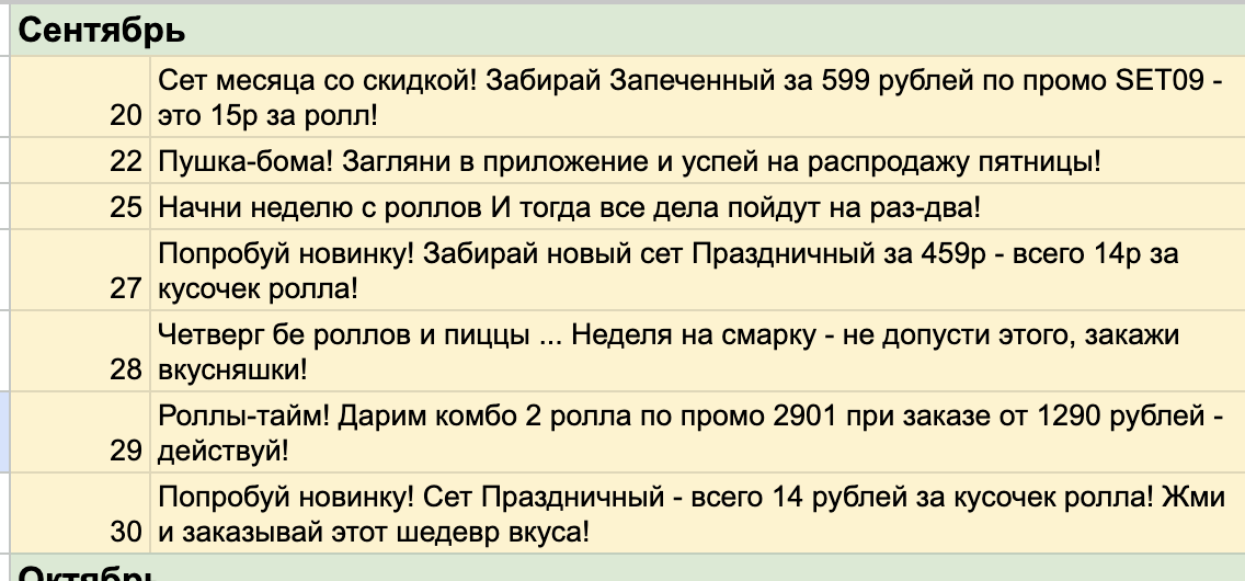 Календарный план текстов пуш-рассылок на сентябрь: акции на сеты, ролловые дни, промокоды с датами отправки