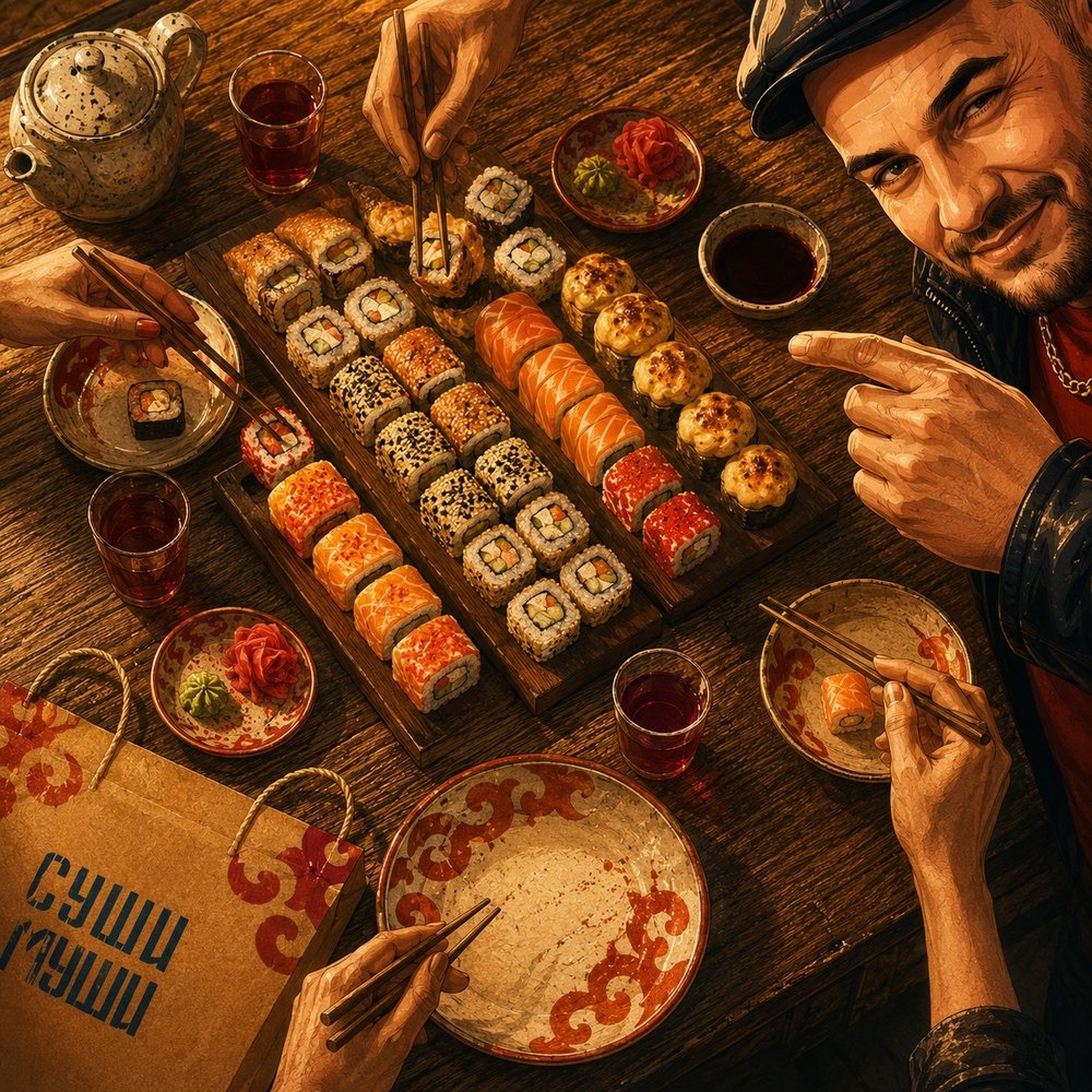 Мушаня за большим столом с сетом роллов