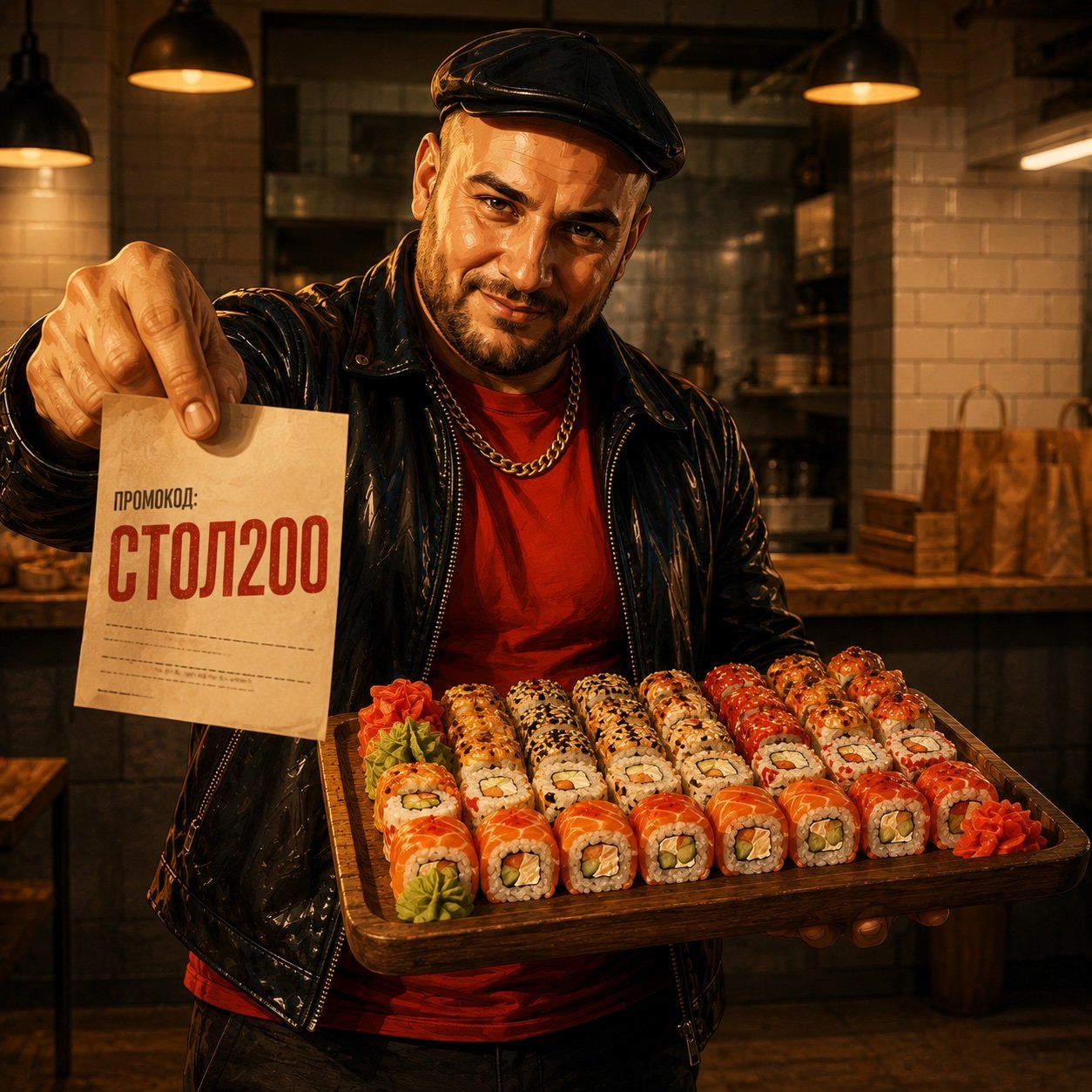 Мушаня с промокодом СТОЛ200 и подносом роллов