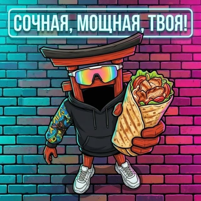 Урбан с шаурмой на неоновой стене